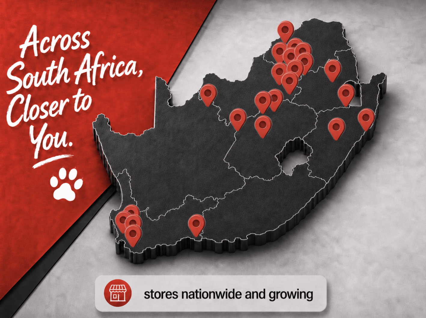 Map of South Africa showing Crazy Pets stores across Gauteng, Free State, Western Cape, KwaZulu-Natal, North West, Northern Cape, Mpumalanga and Limpopo