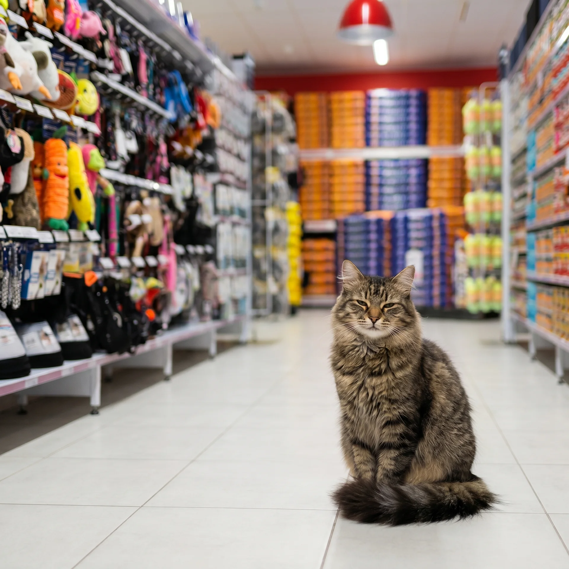 Tabby cat sitting in a Crazy Pets store aisle full of toys and accessories