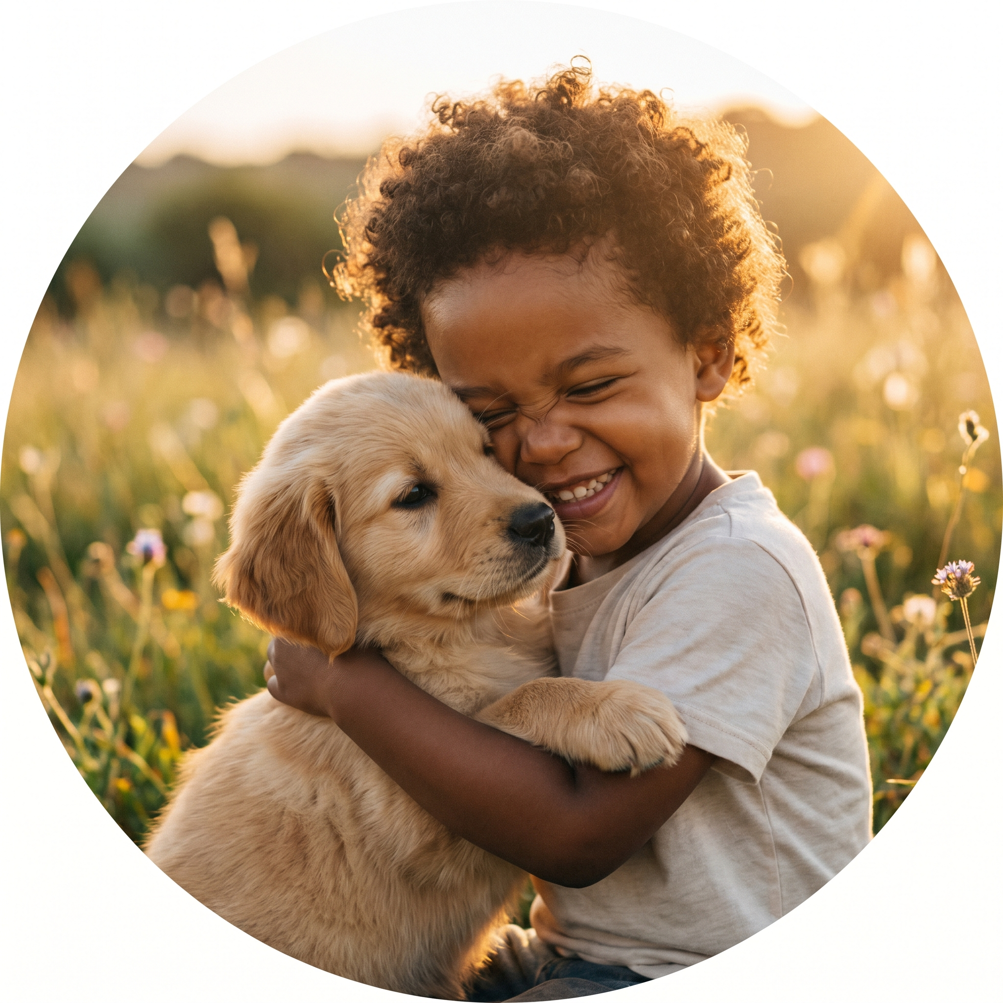 Smiling child hugging a golden retriever puppy in a sunlit field