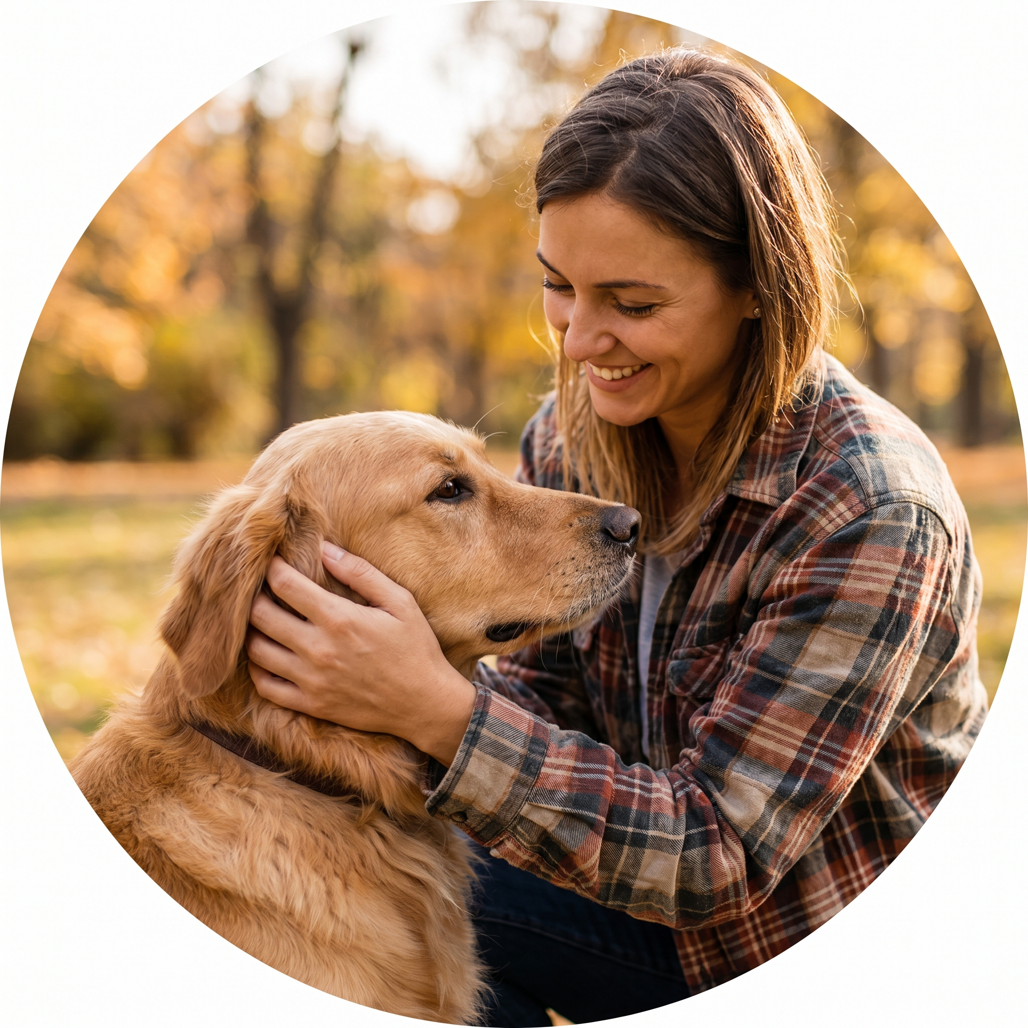 Woman gently holding her golden retriever's face outdoors in autumn light