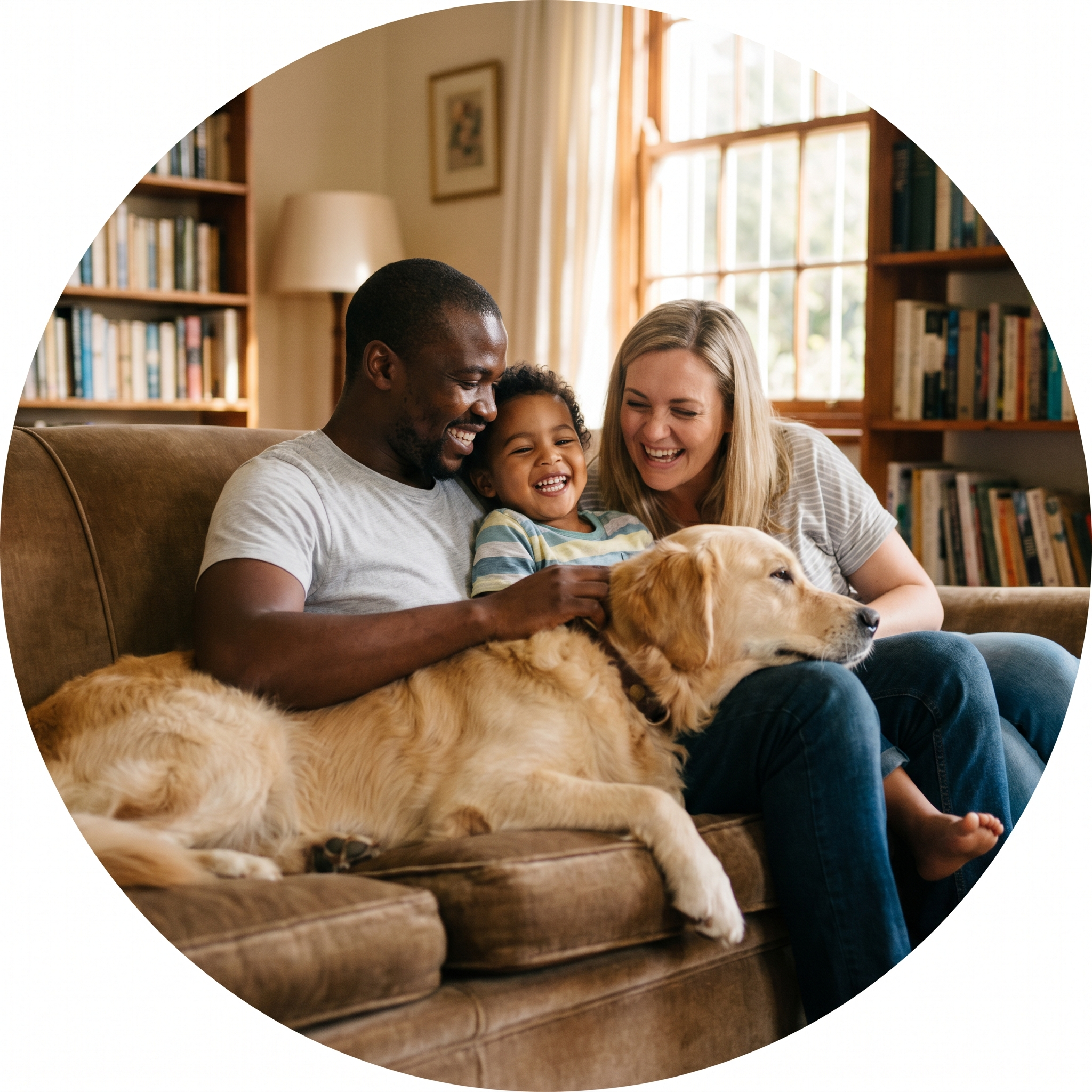 Family relaxing on a couch at home with their golden retriever