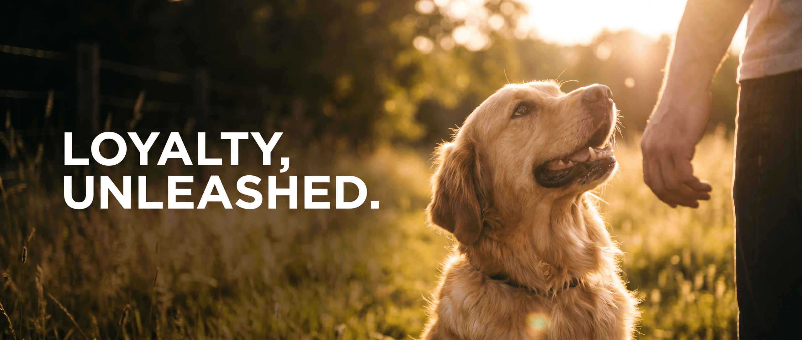 Loyalty, Unleashed — a golden retriever looking up at its owner in golden-hour light