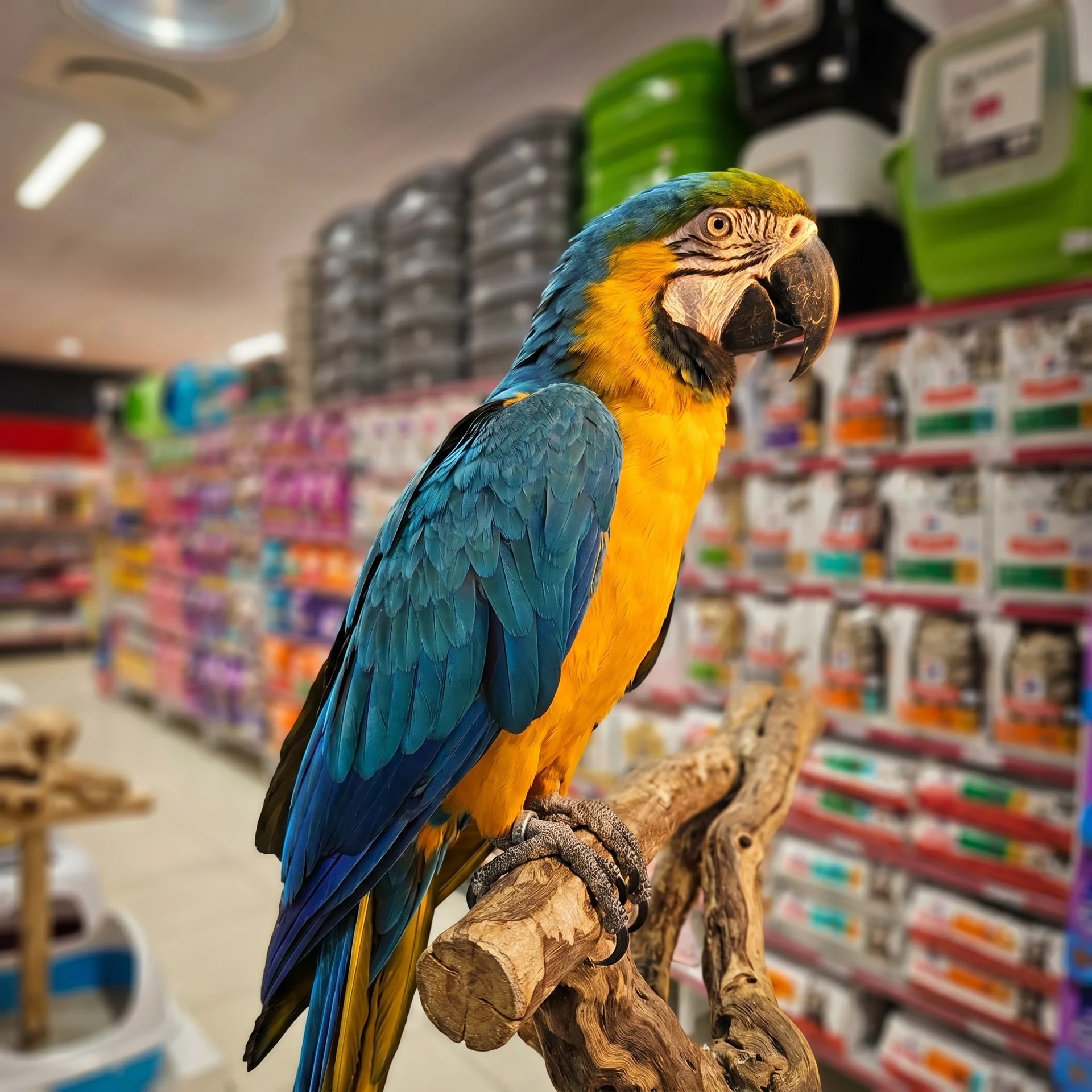 Blue and gold macaw parrot perched in a Crazy Pets store